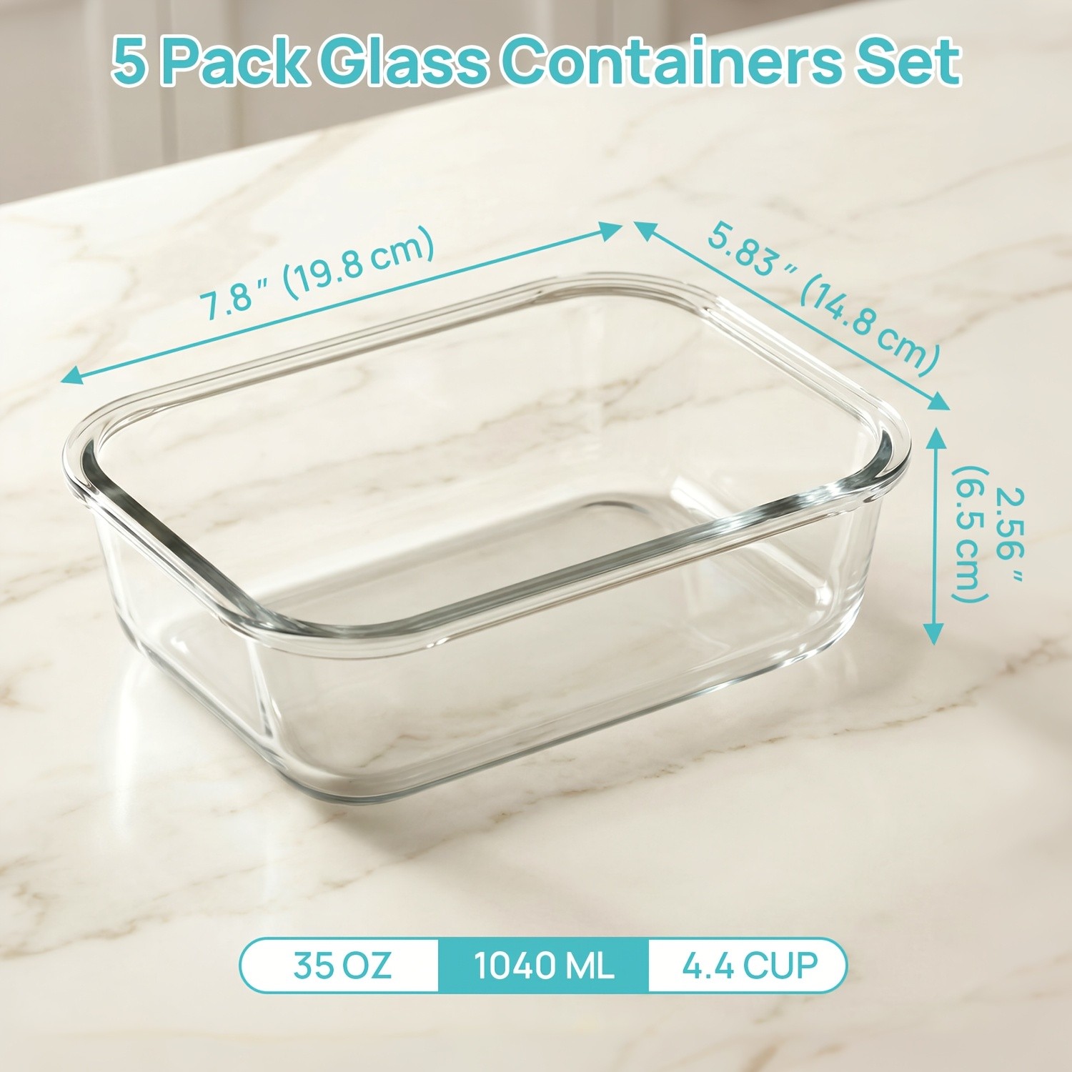 5 Pack 35oz Glass Food Storage Containers With Lids, grey