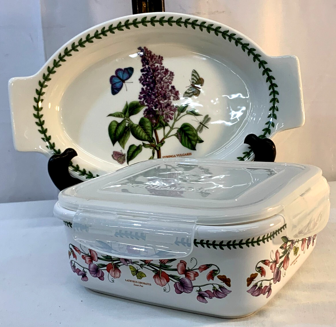 PORTMEIRION Botanic Garden Lilac Oval Gratin & Sweet Pea Storage Container w/Lid