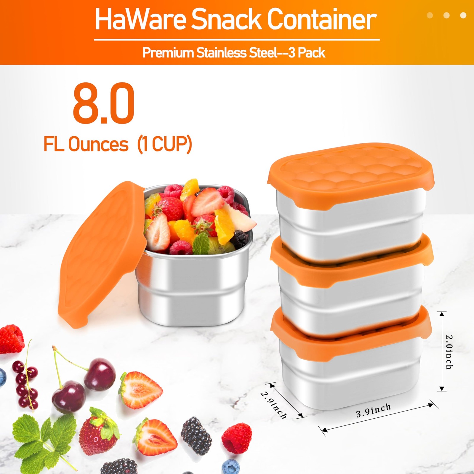 Stainless Steel Snack Containers, 8 oz, 3 Packs