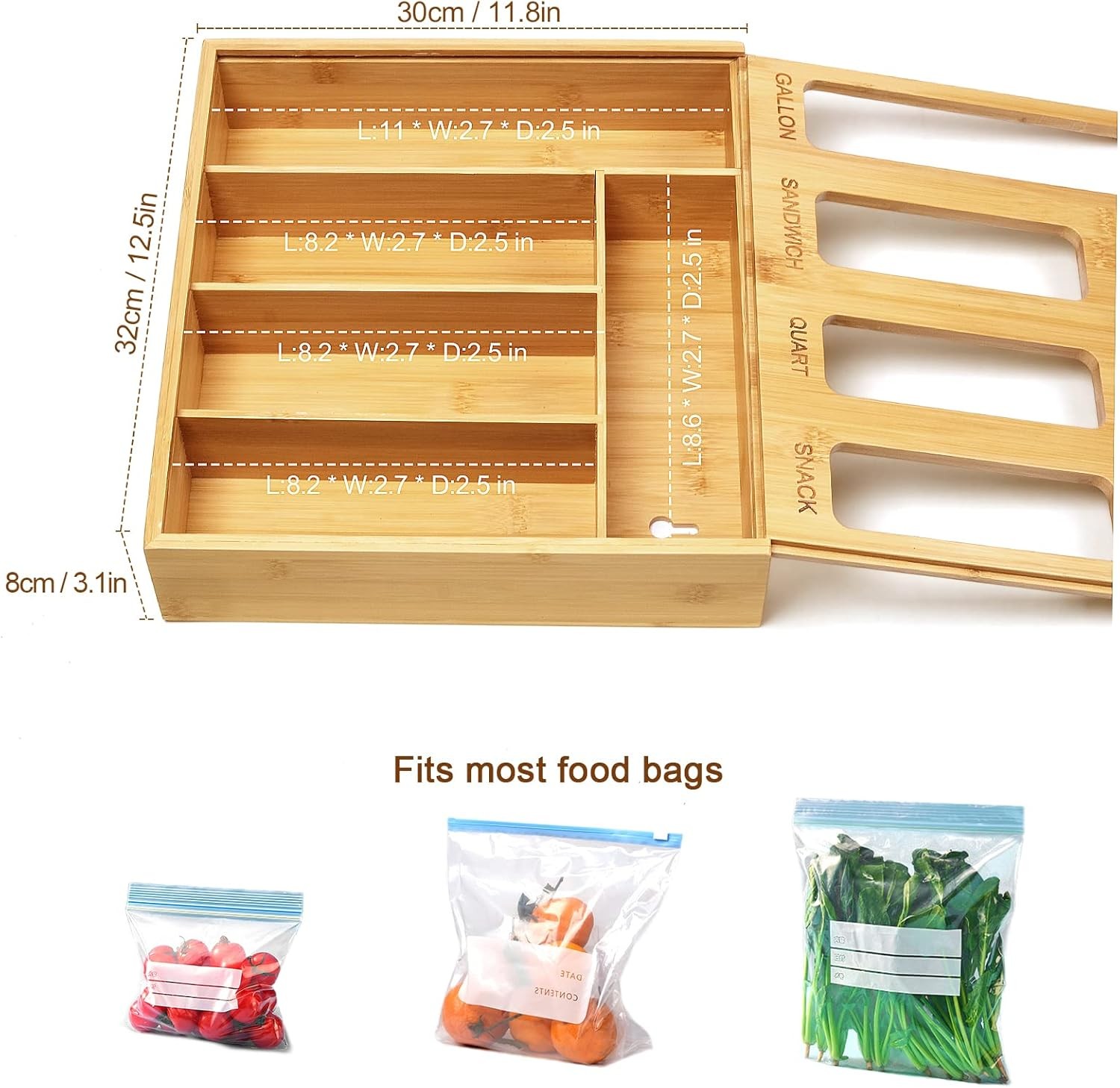 Plastic Bag Organizer for Drawer, Bamboo Food Storage natural bamboo color