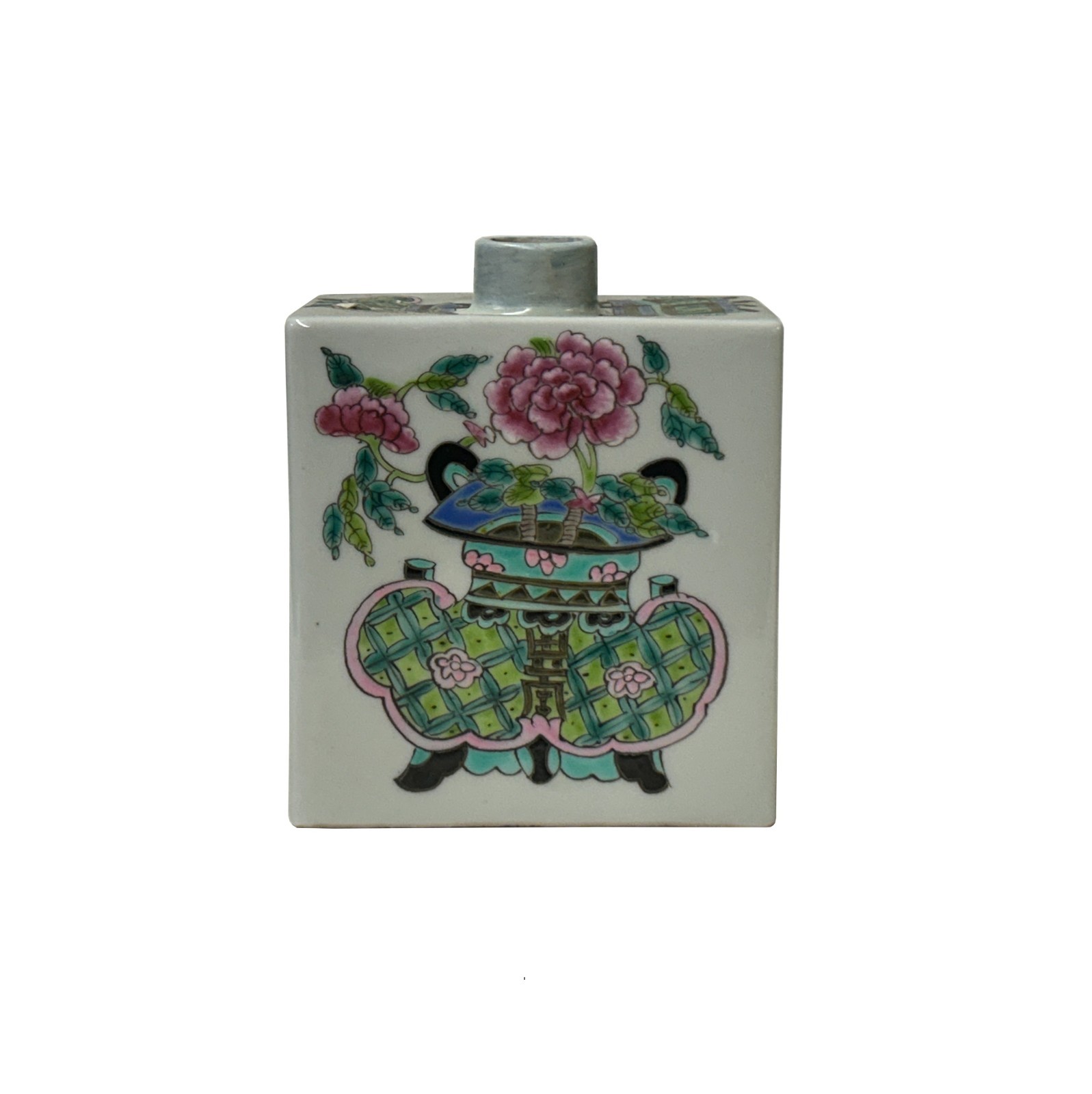 Chinese Flower Ding Vase Graphic Rectangular Porcelain Tea Caddy Jar GB649