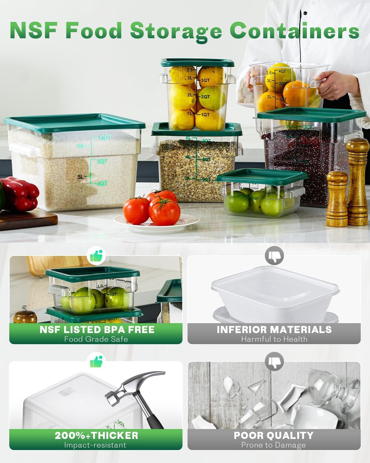 12QT NSF Food Storage Containers: 2 PCS [Food Grade][Hot&Cold Resistant] Commerc
