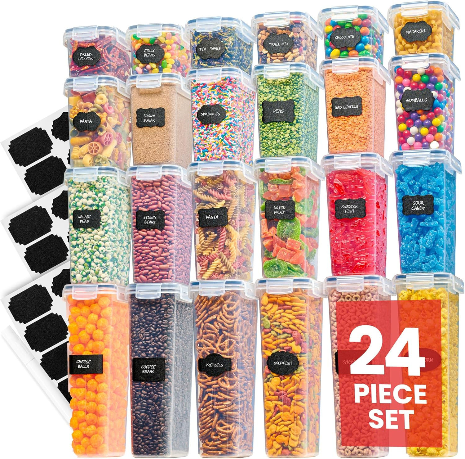 Airtight Food Storage Containers, 24 Pack BPA-Free Pantry Bins w/ Lids & Labels.
