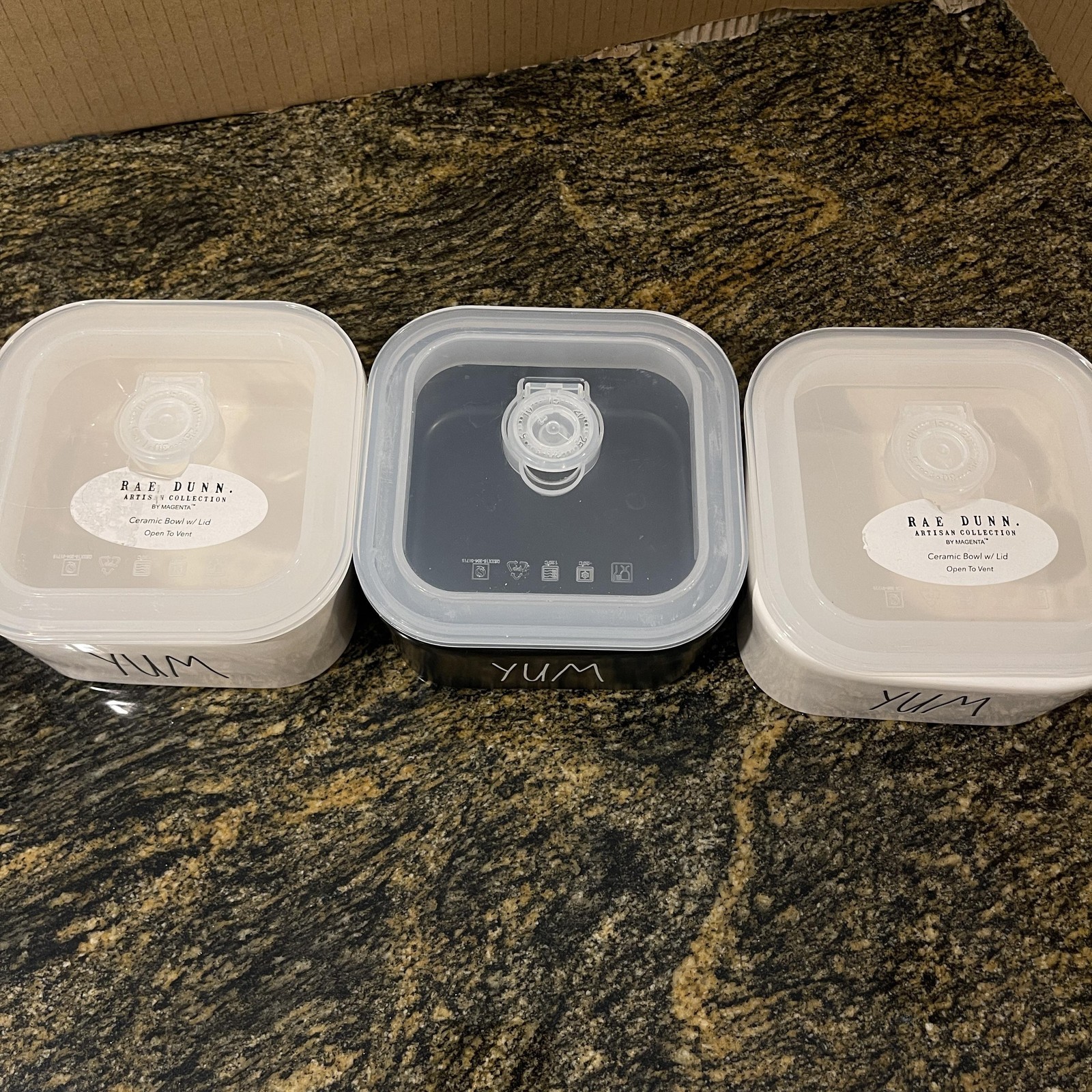 Rae Dunn YUM Ceramic Food Storage Bowls Set of 3 Vented Lids Artisan Magenta