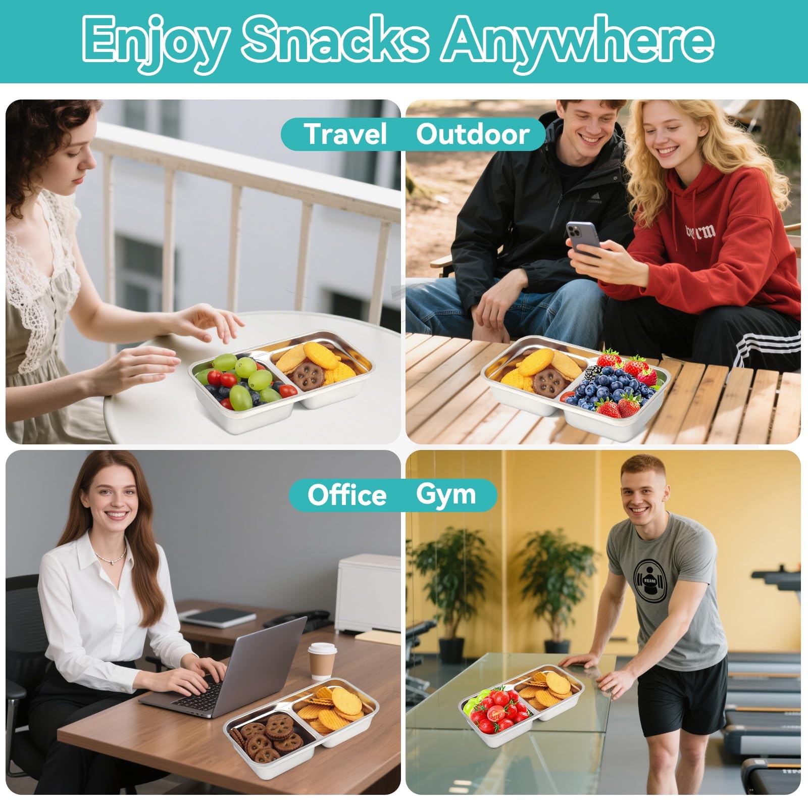 2 Pack Stainless Steel Containers, Snack Storage, Double Compartment, Silver