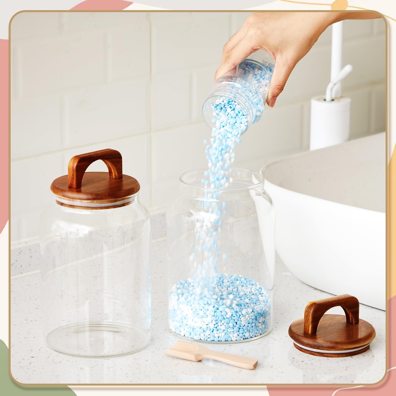 4 Pcs 64oz Glass Laundry Storage Containers with Handle Wooden Lid and Scoop …