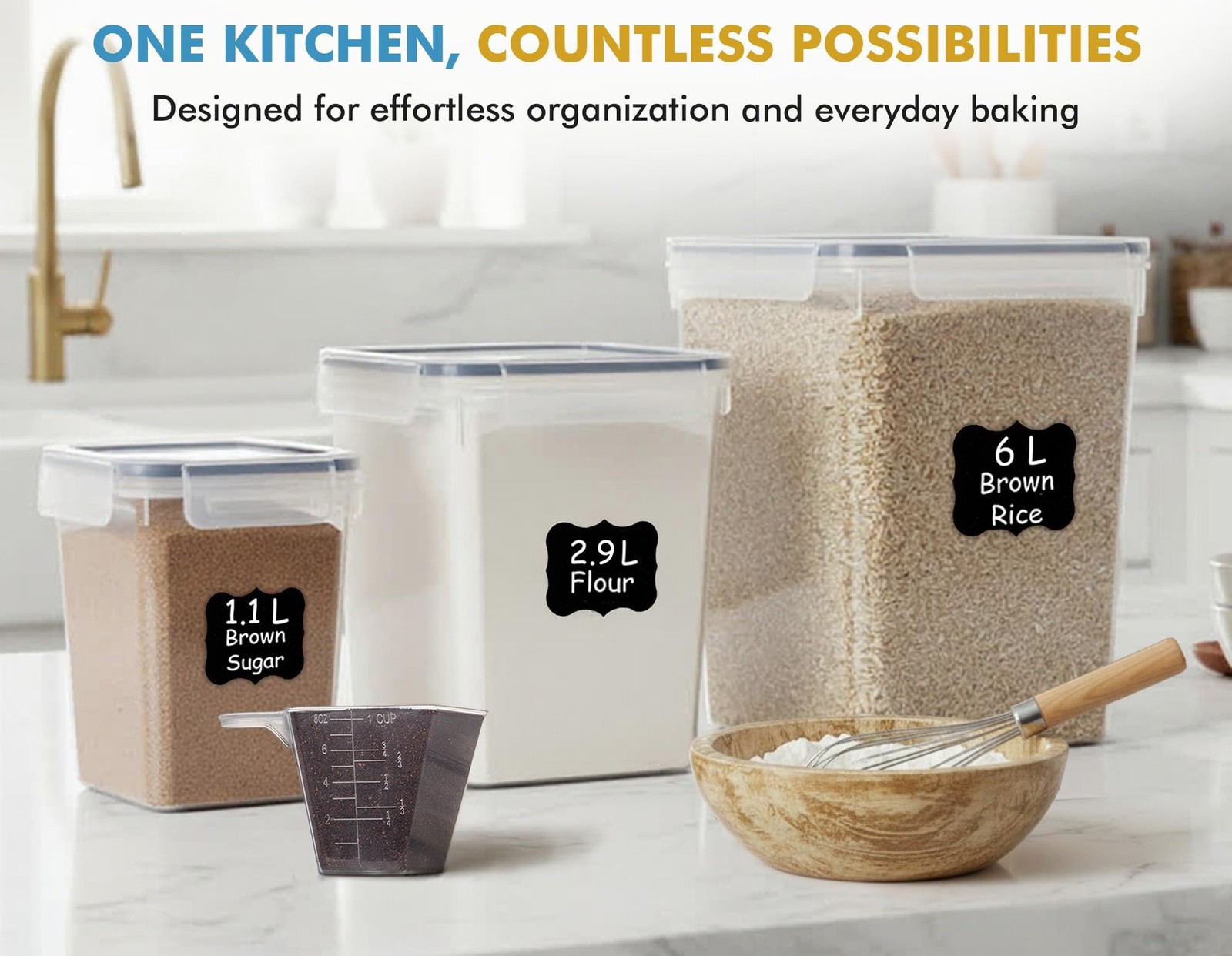 Flour Sugar Storage Containers Set of 3 (6L, 2.9L, 1.1L) Large Airtight Food