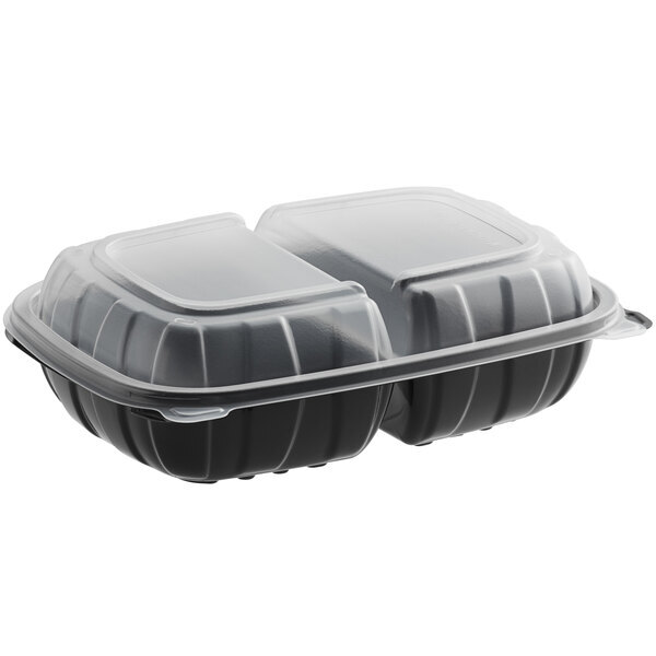 9″ x 6″ x 3″ Microwaveable 2-Compartment Black / Clear Plastic Hinged Container