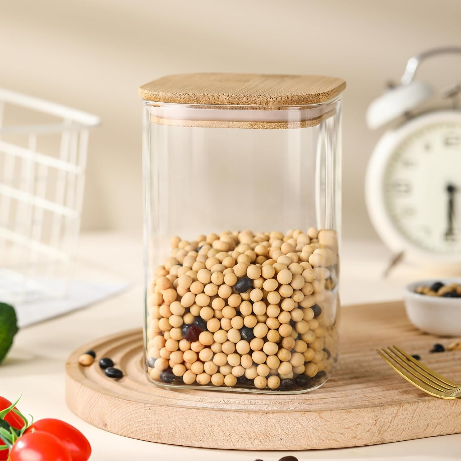 3-Pack Square Glass Containers with Bamboo Lids, 32 Fl Oz/720Ml Airtight Caniste