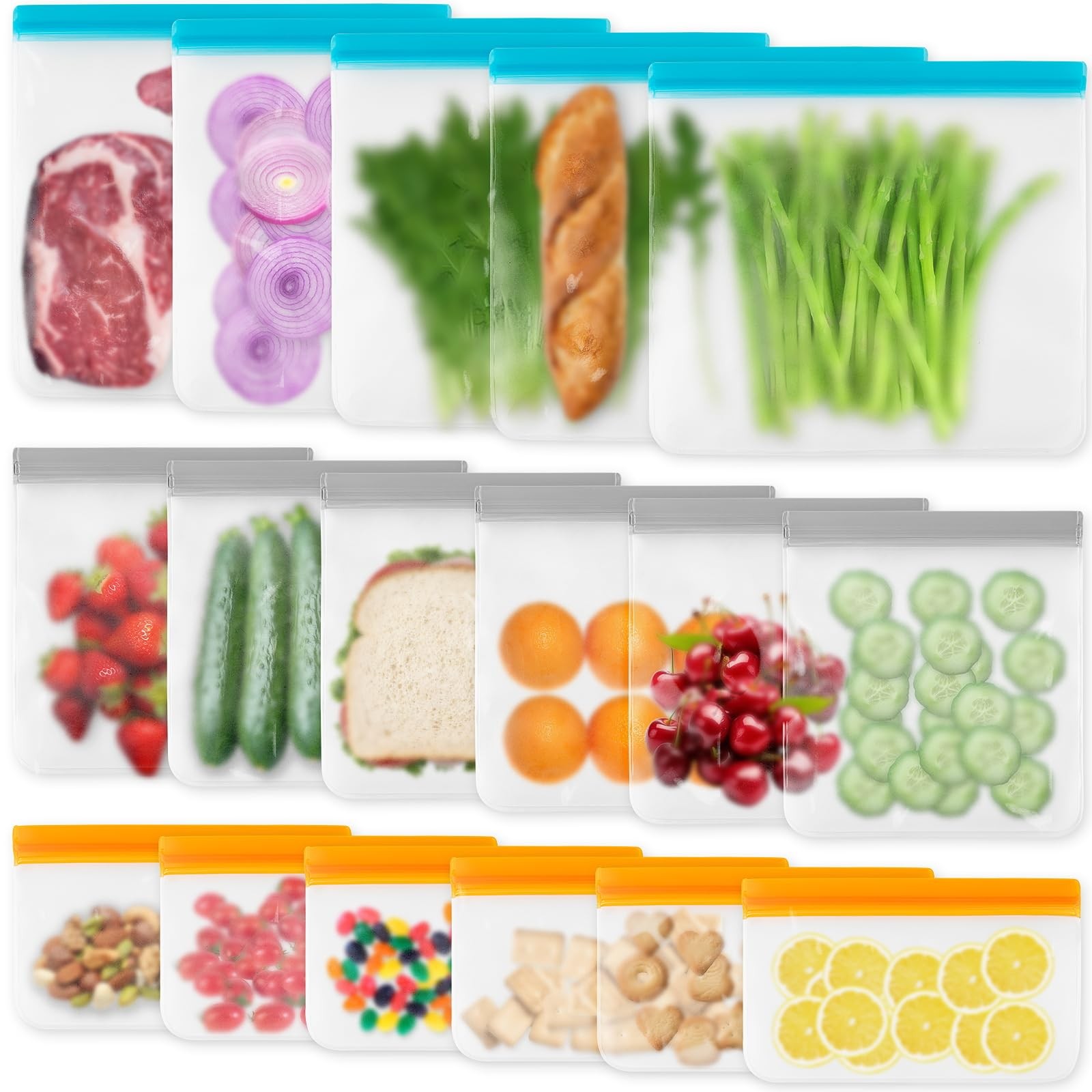 17 Pack Reusable Freezer Bags Dishwasher Safe, Leakproof Food Storage Bags, S…