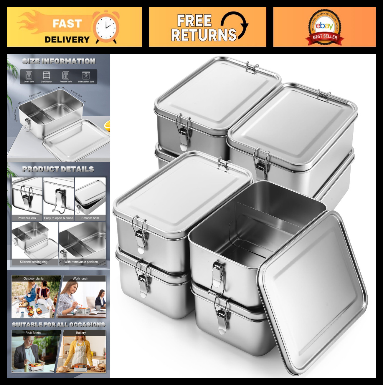 8 Pcs Stainless Steel Bento Lunch Boxes – 2400ml Leak-Proof Food Storage Contain