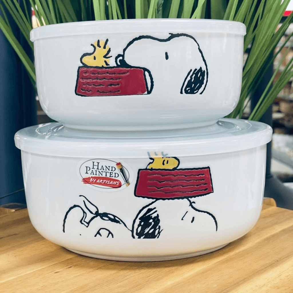 NWT Peanuts Snoopy Woodstock White Red Ceramic 2 Pc Food containers w/ Lids Set
