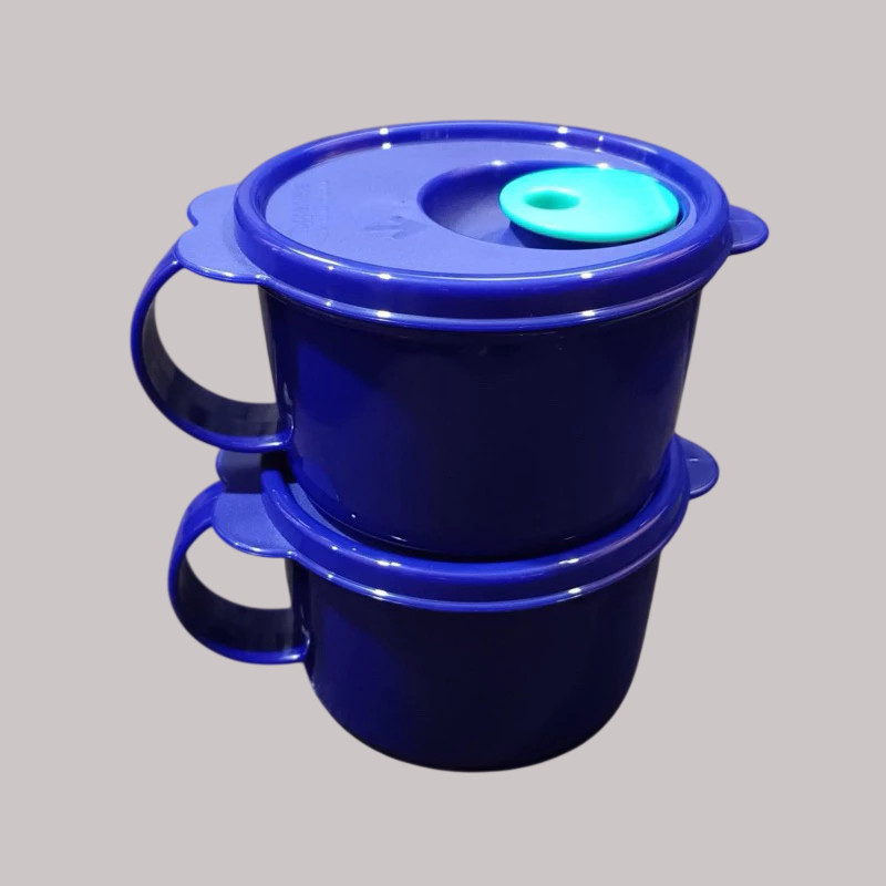2 Tupperware Dark Blue Round Plastic Microwaveble CystalWave Soup Mug 460ml Set