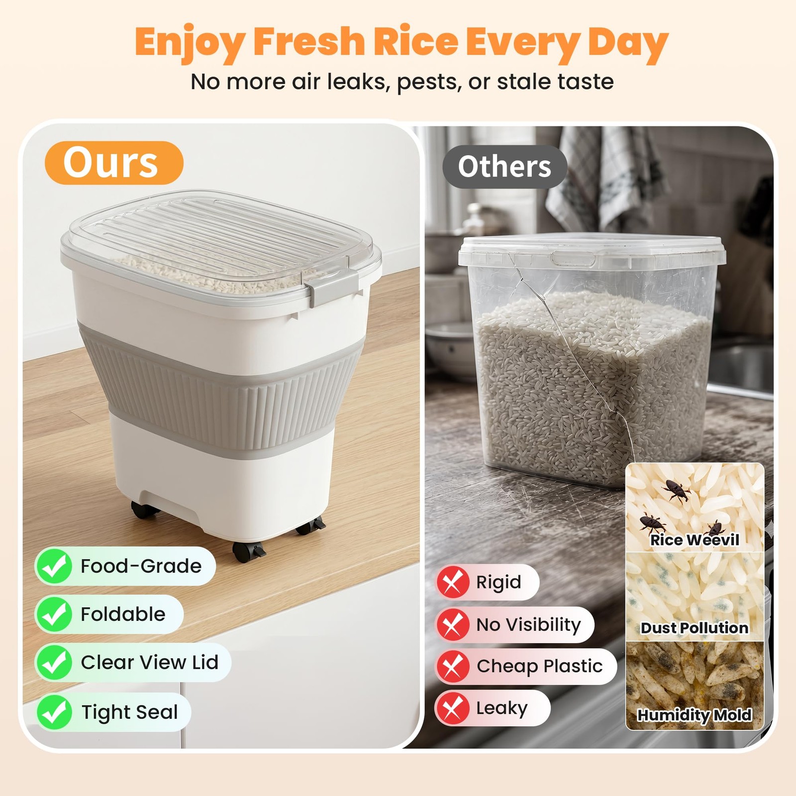NURYO 50 Lbs Rice Storage Container with Wheels, Large, Grey/50lbs