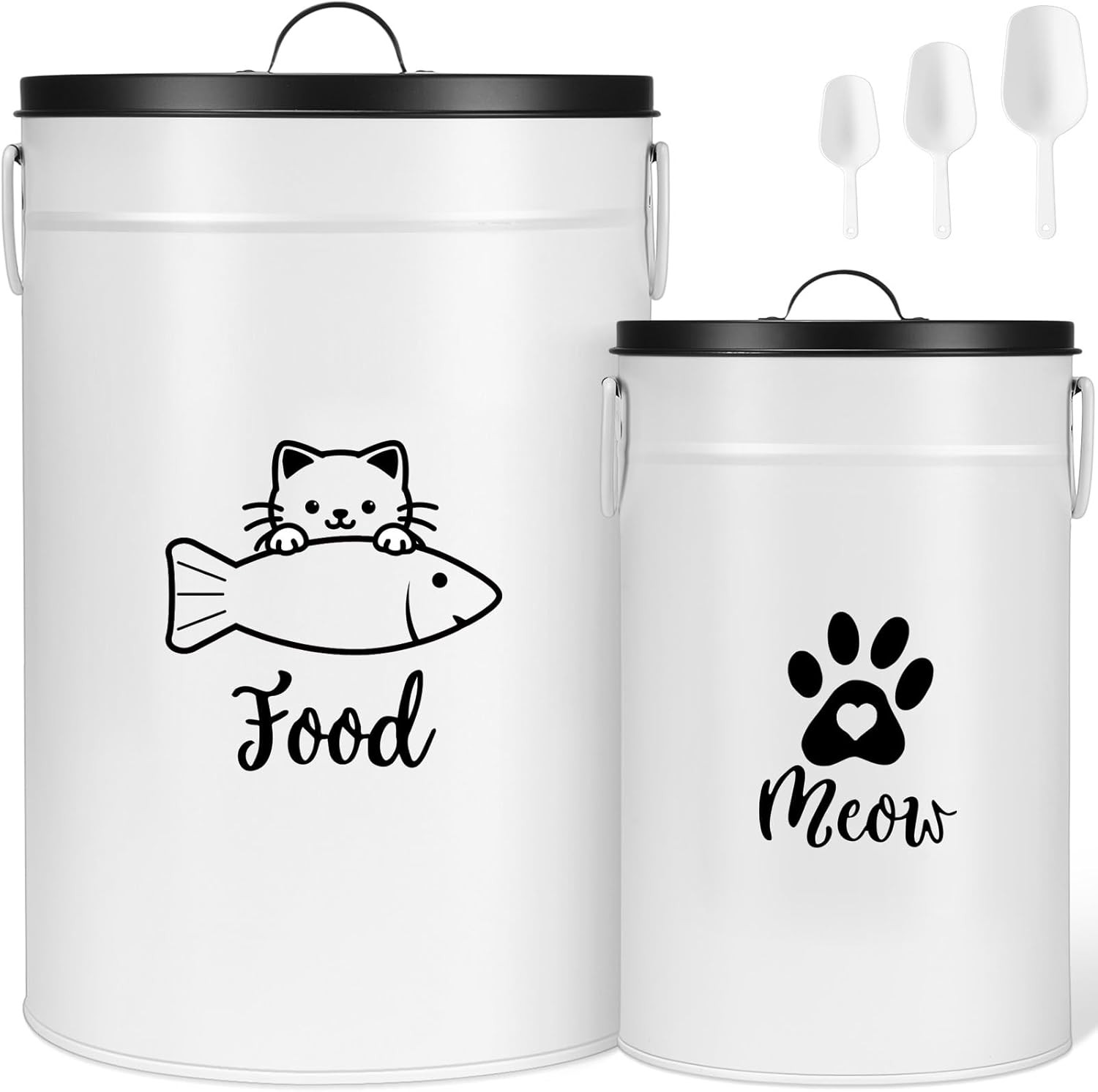 Metal Cat Food Storage Containers Set of 2 Airtight Cat Treat Snack Jars with Li