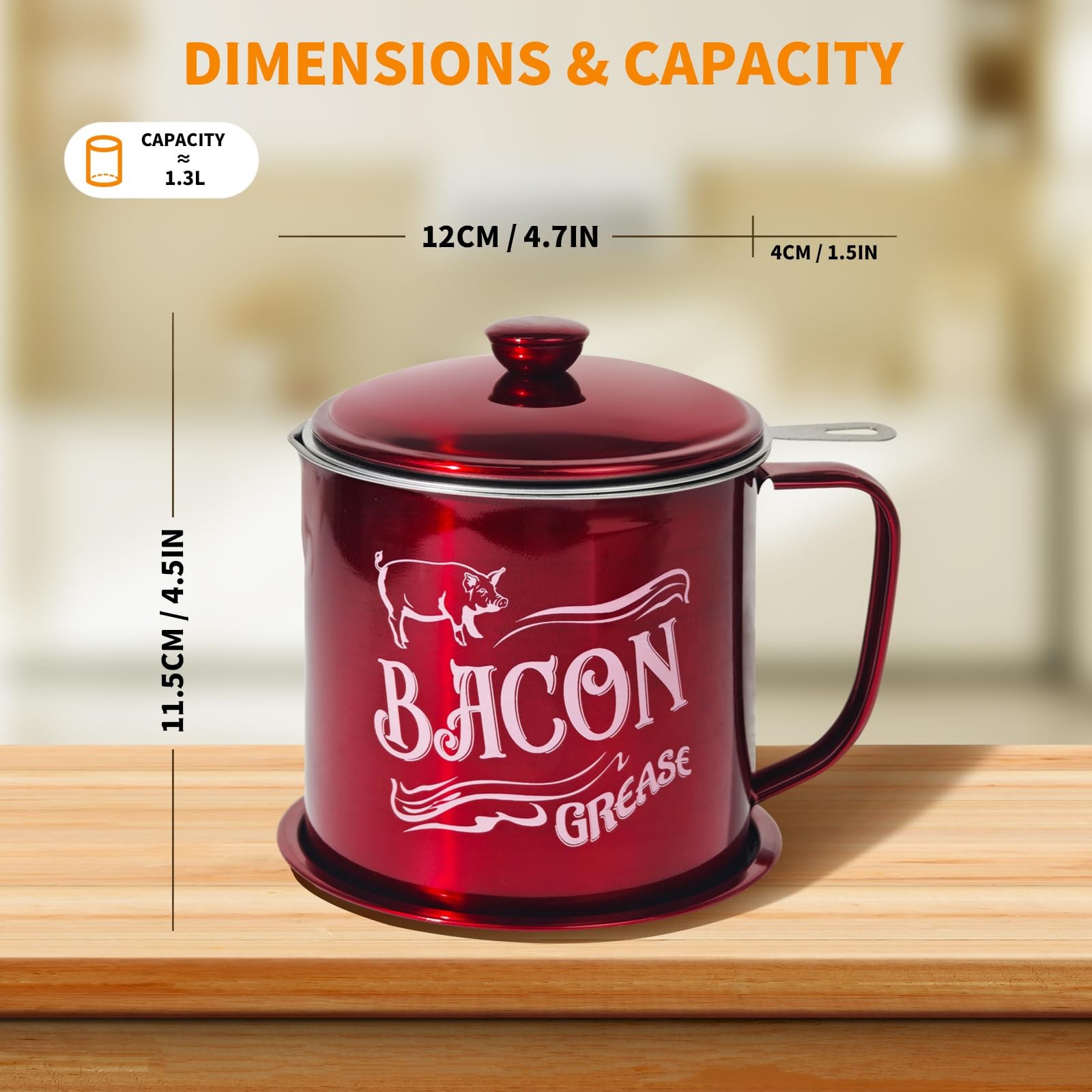 1.3L Bacon Grease Saver Container with Fine Mesh Strainer,Stainless Steel Oil Ke