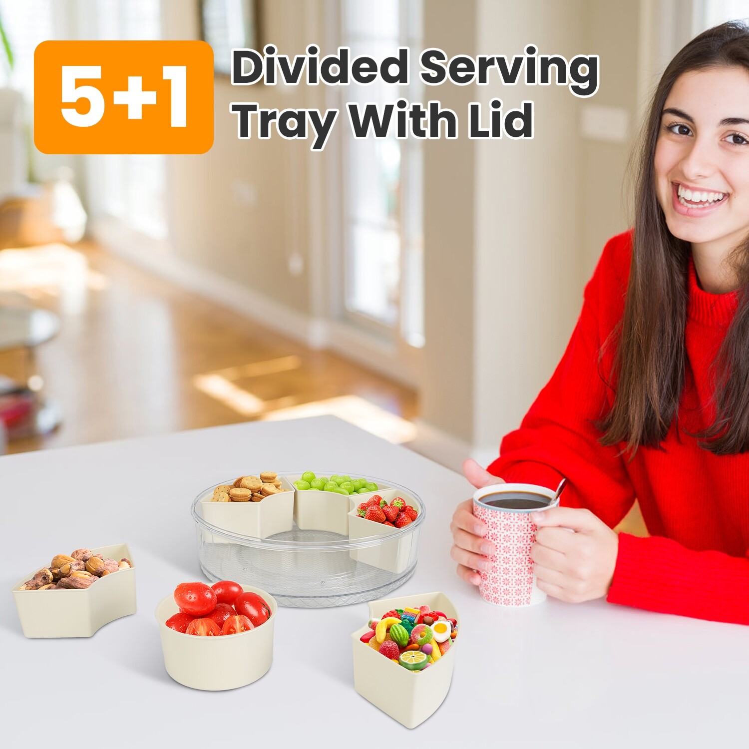 2pcs Divided Serving Tray with Sealed Lid 360° Rotatable Base Snack Container