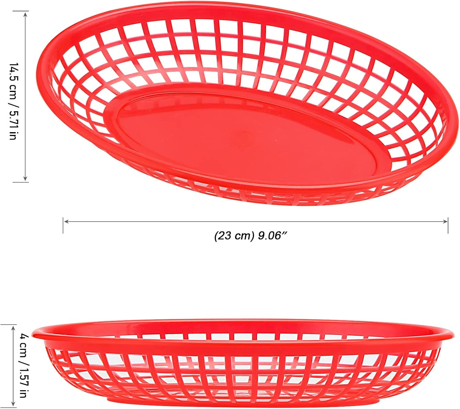 MOUYAT 50 PCS Red Plastic Baskets, 9 X 6 Inch Oval Fast Food Serving Baskets for