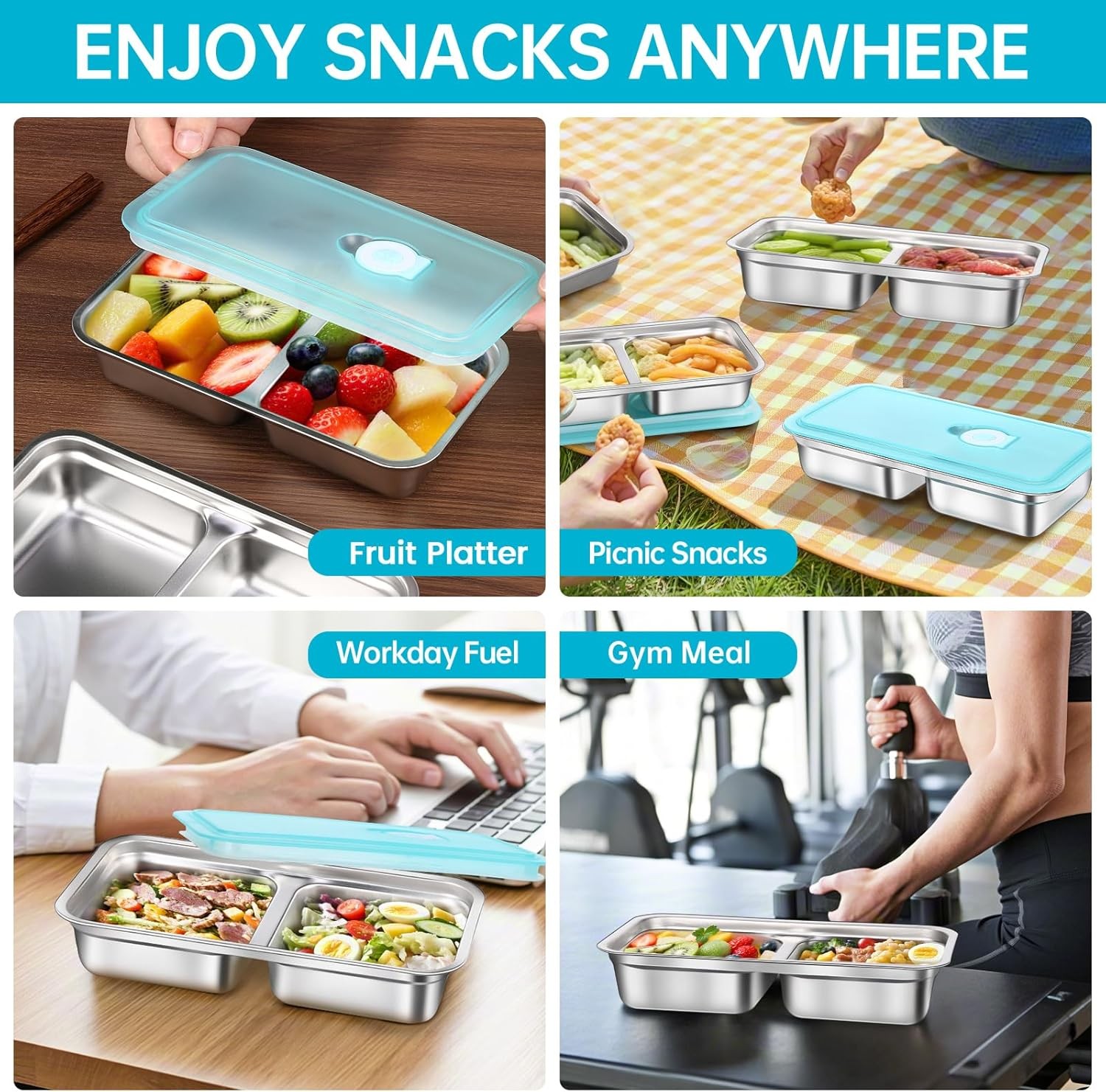 4 Pack Stainless Steel Snack Containers Reusable Grab and Go 2 Compartment Food