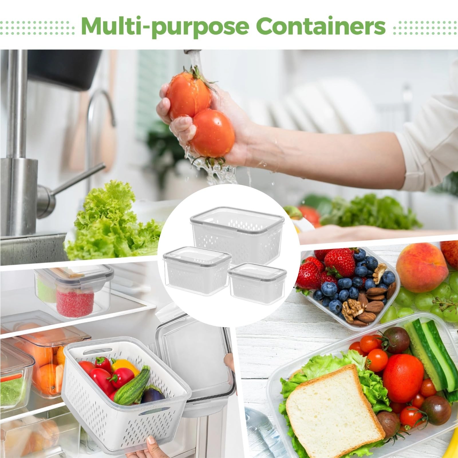 Anjetan 3 Pcs Fruit Storage Containers, Produce Small, Medium, Large, Clear