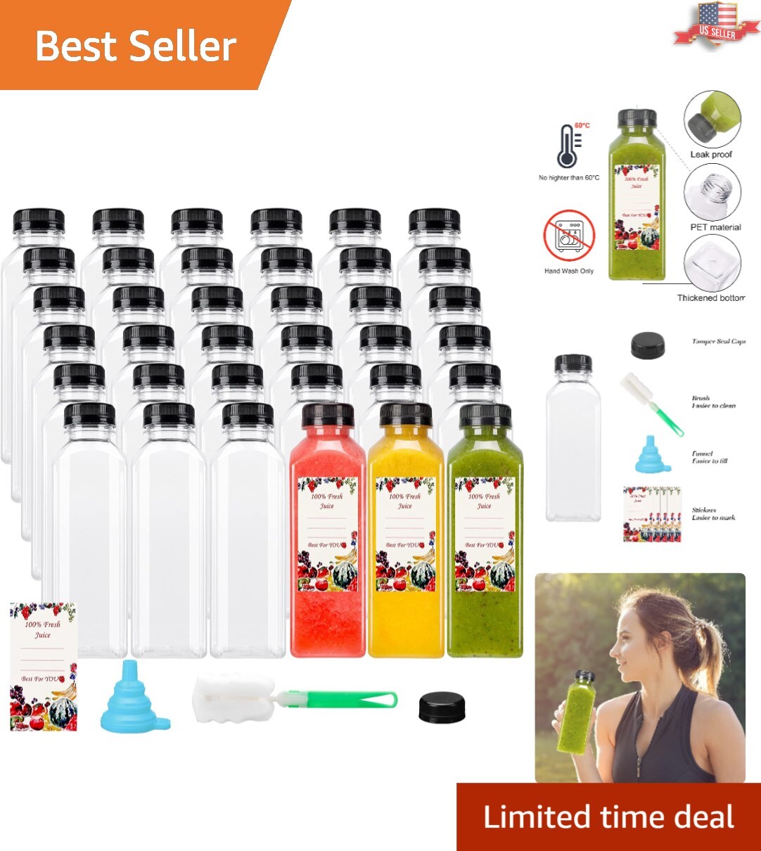 Fridge Safe 12oz Plastic Bottles – 36 Pack with Wide Mouth and Leak Proof Design