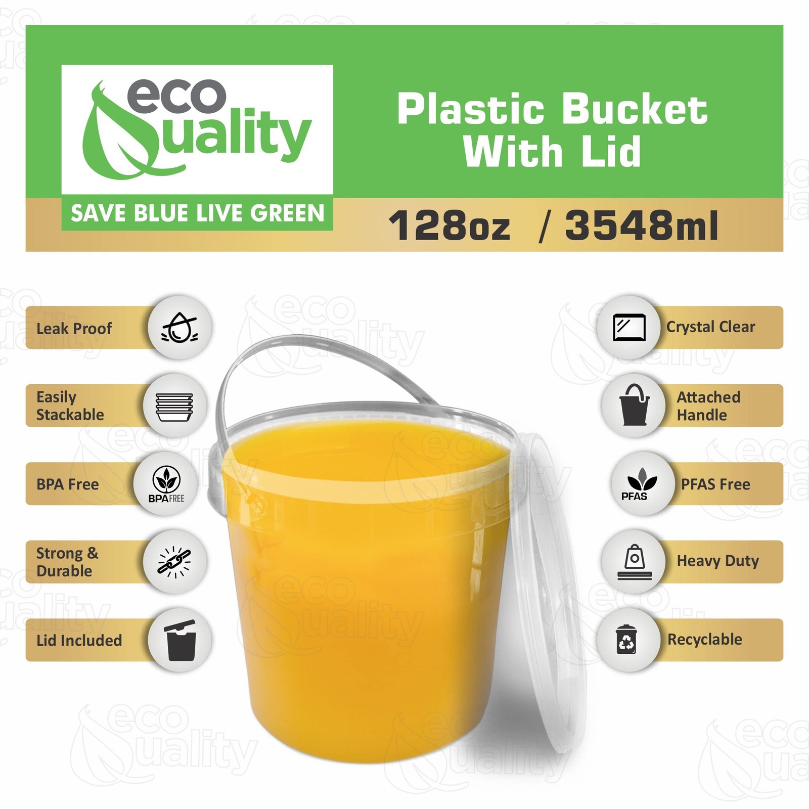 EcoQuality 1 Gallon Clear Plastic Ice Cream Bucket w/Lid & Handle, 1 Pack