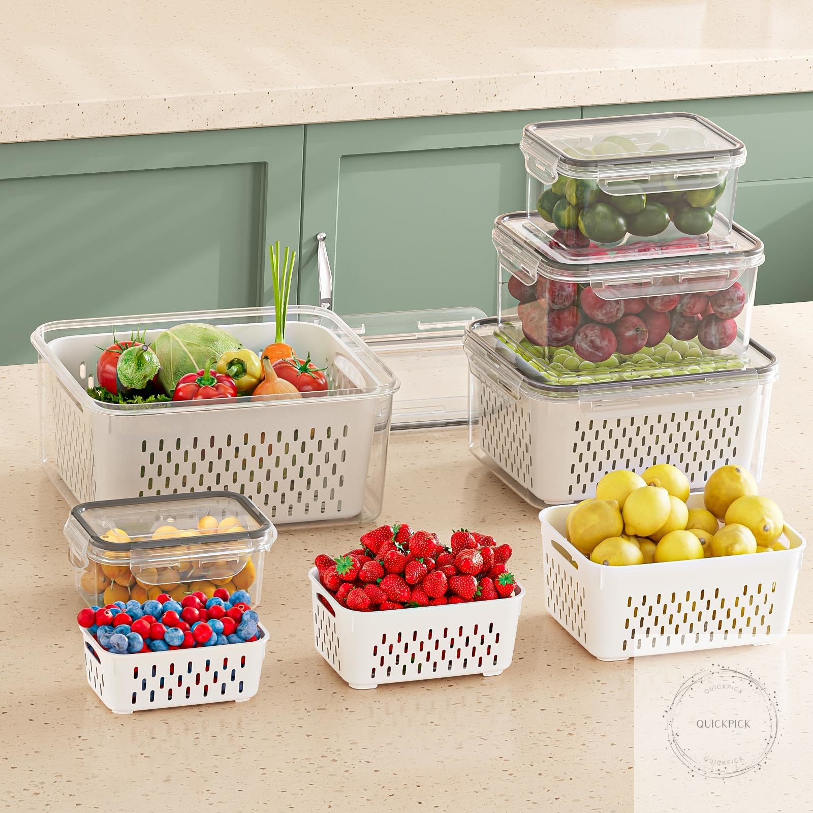 5 Pack Fruit Storage Containers for Fridge with Removable Colanders Food Storage