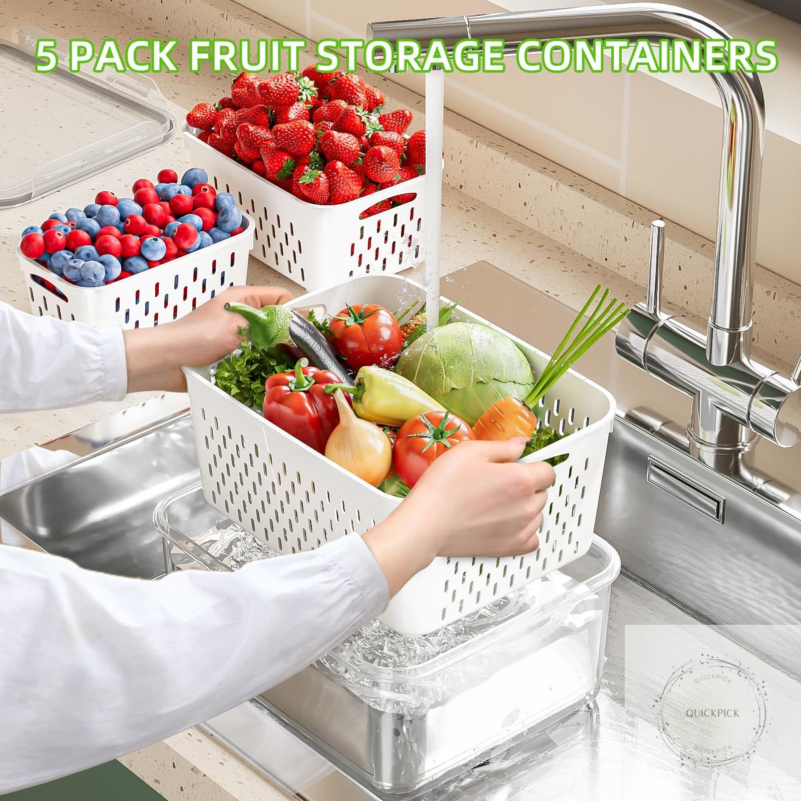 5 Pack Fruit Storage Containers for Fridge with Removable Colanders Food Storage