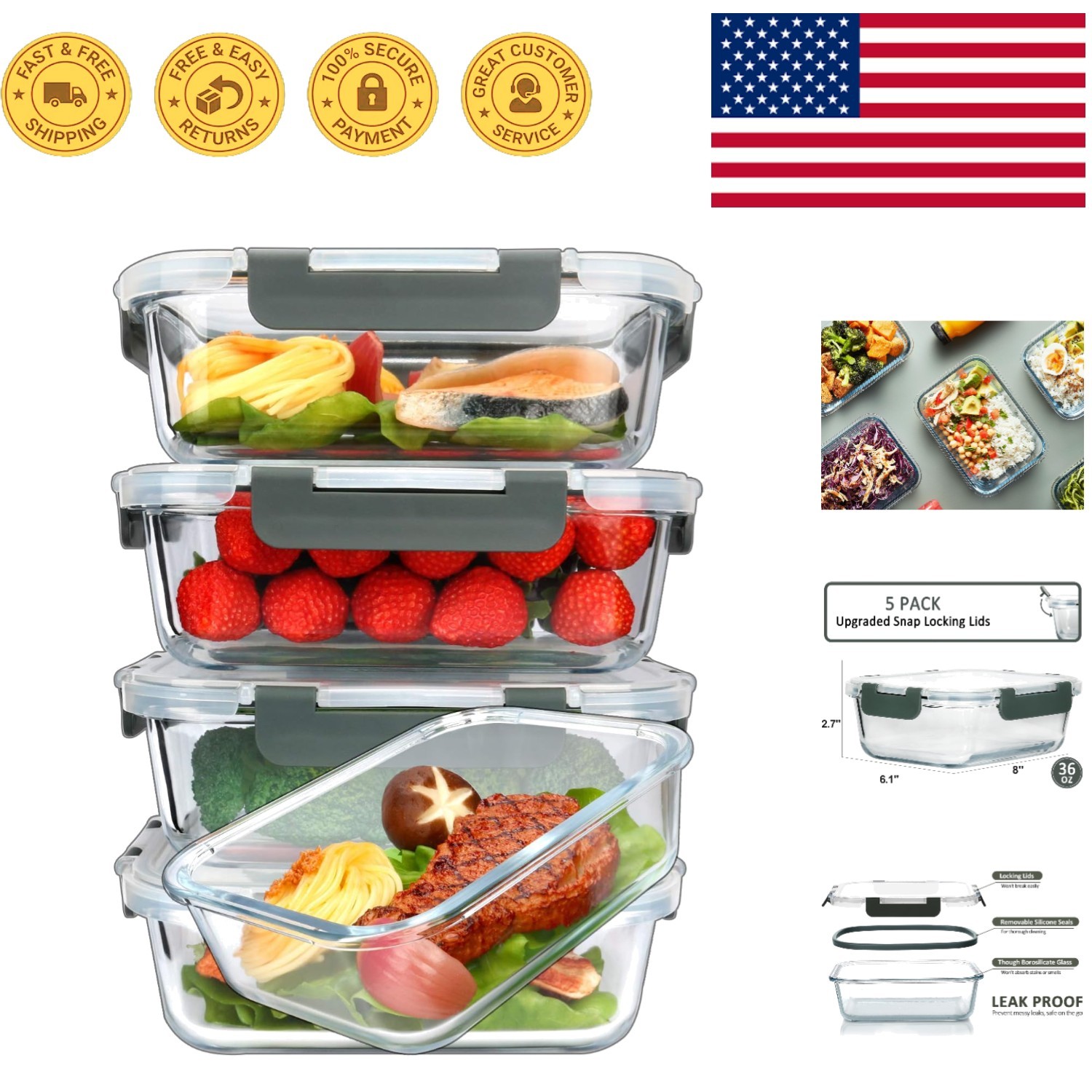 Versatile 36 Oz Glass Storage Containers with Airtight Snap Lids – 5 Count