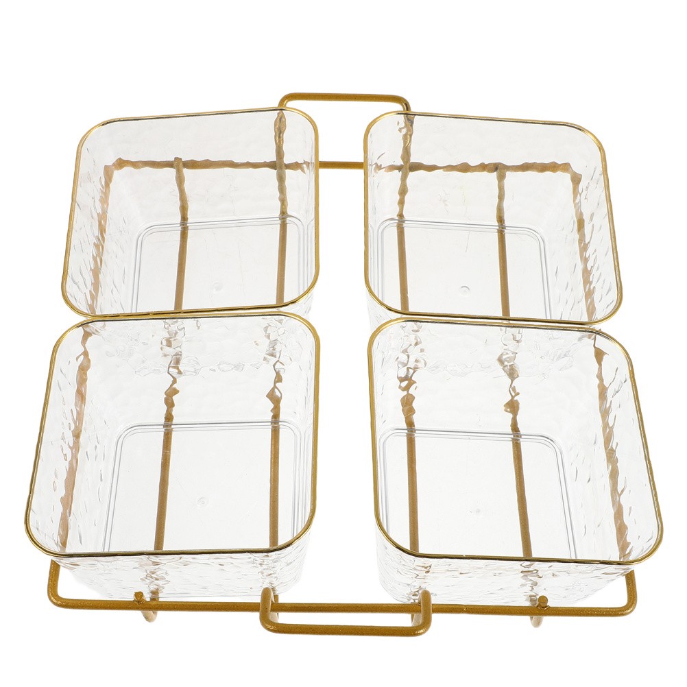 Four Compartment Clear Acrylic Snack Tray Bowl With Metal Rack For Serving