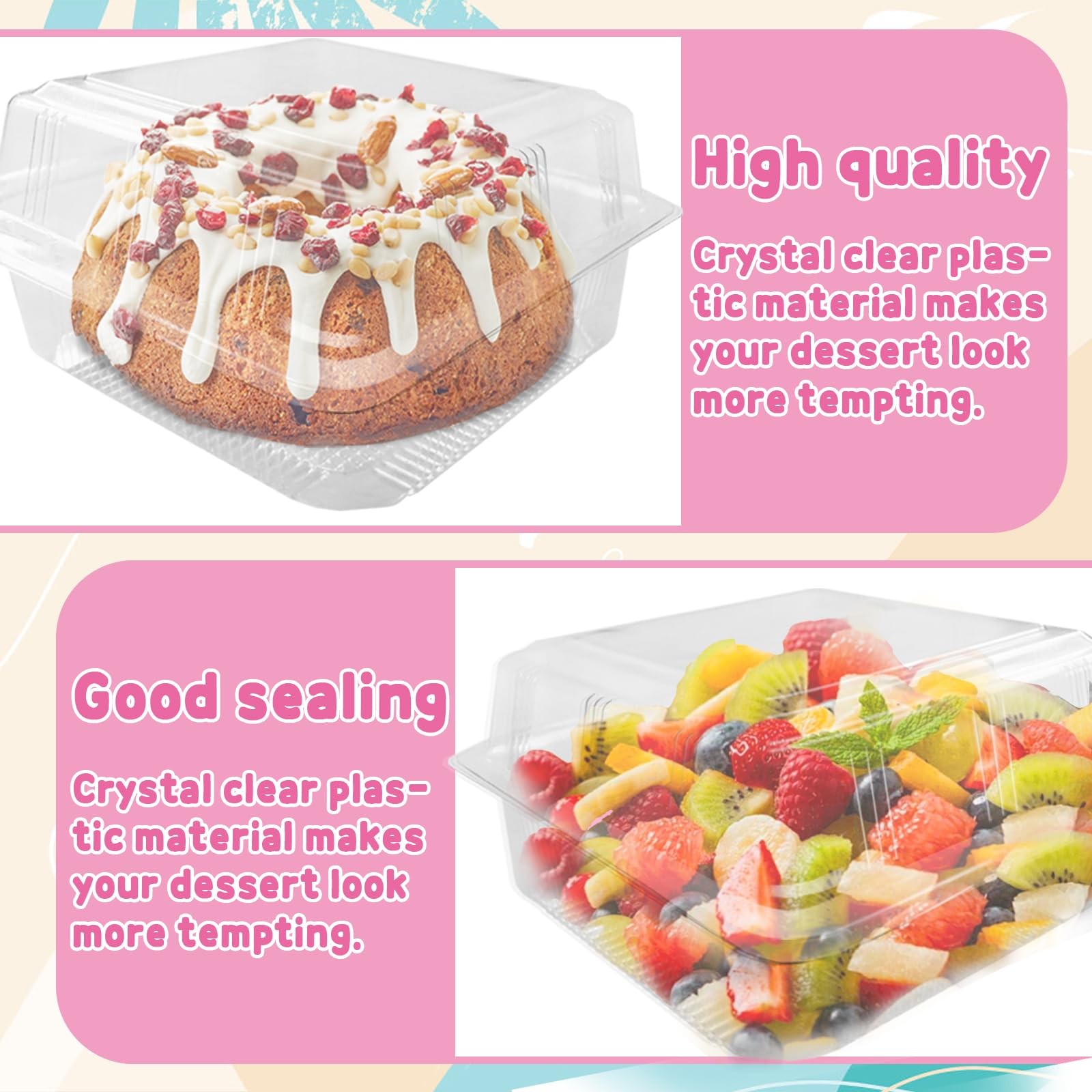 Haawooky 100 Pcs Clear Plastic Square Hinged Food Container,Disposable Cake S…
