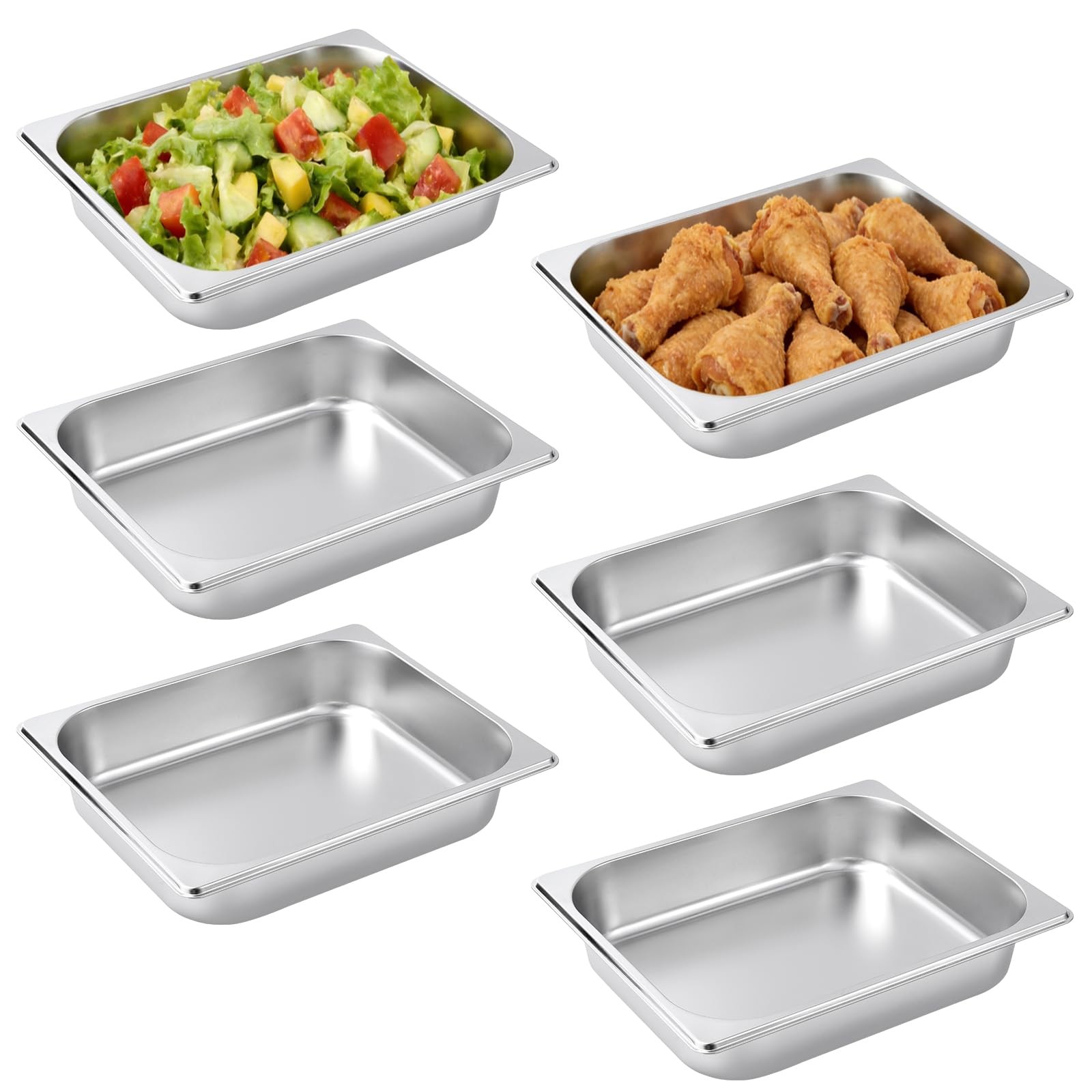 6 PCS Half Size Stainless Steel Steam Table Food Pans 2.5 Inch Deep Catering