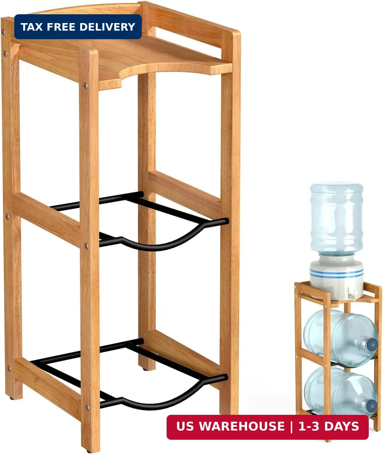 5 Gallon Water Jug Holder with Top Shelves, Natural Solid Wood Water Dispenser S