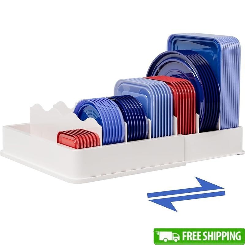 Expandable Food Lid Storage Organizer W/ Adjustable Dividers & Writable Labels