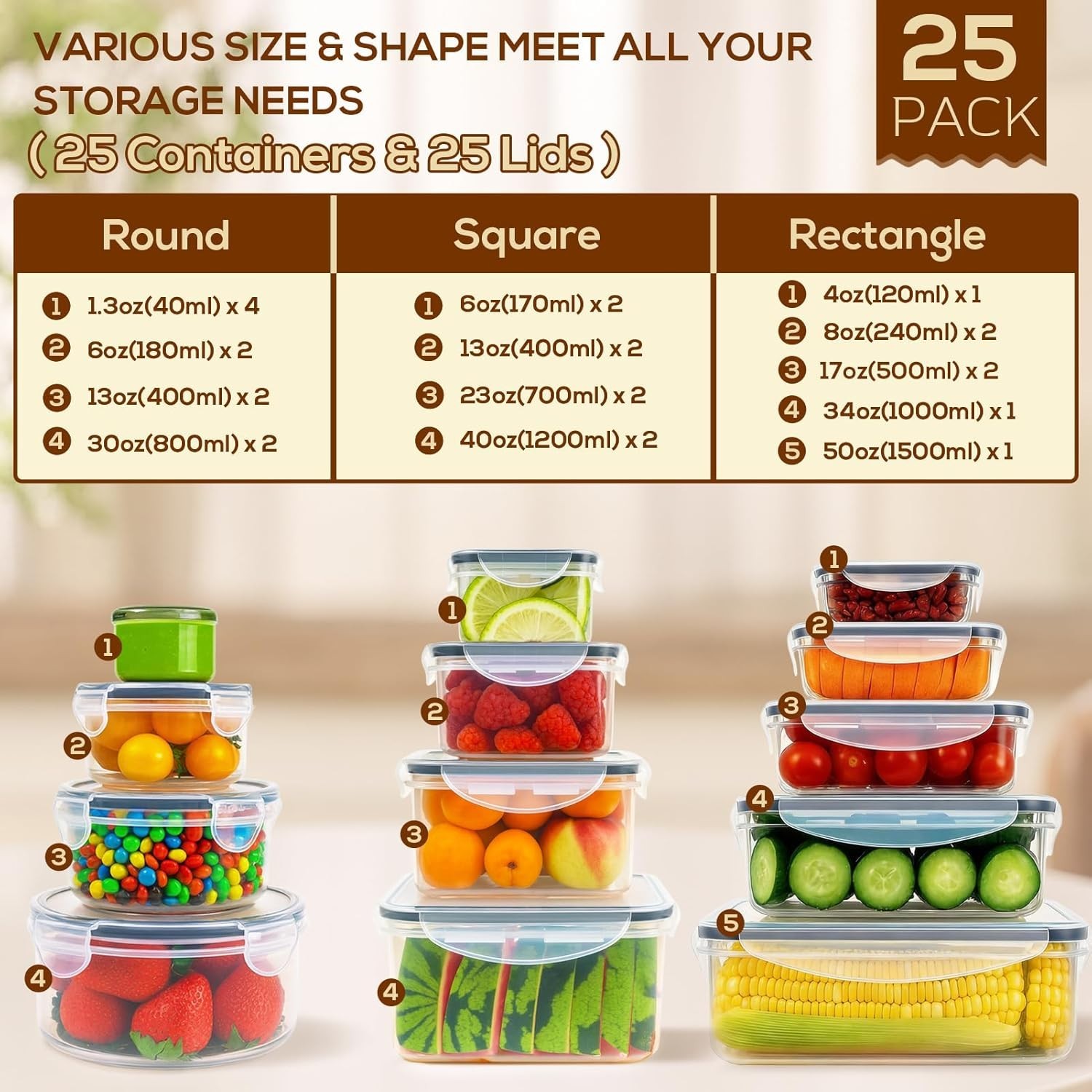50-Piece Stackable Food Storage Containers – Thicker, Clear, Airtight Set