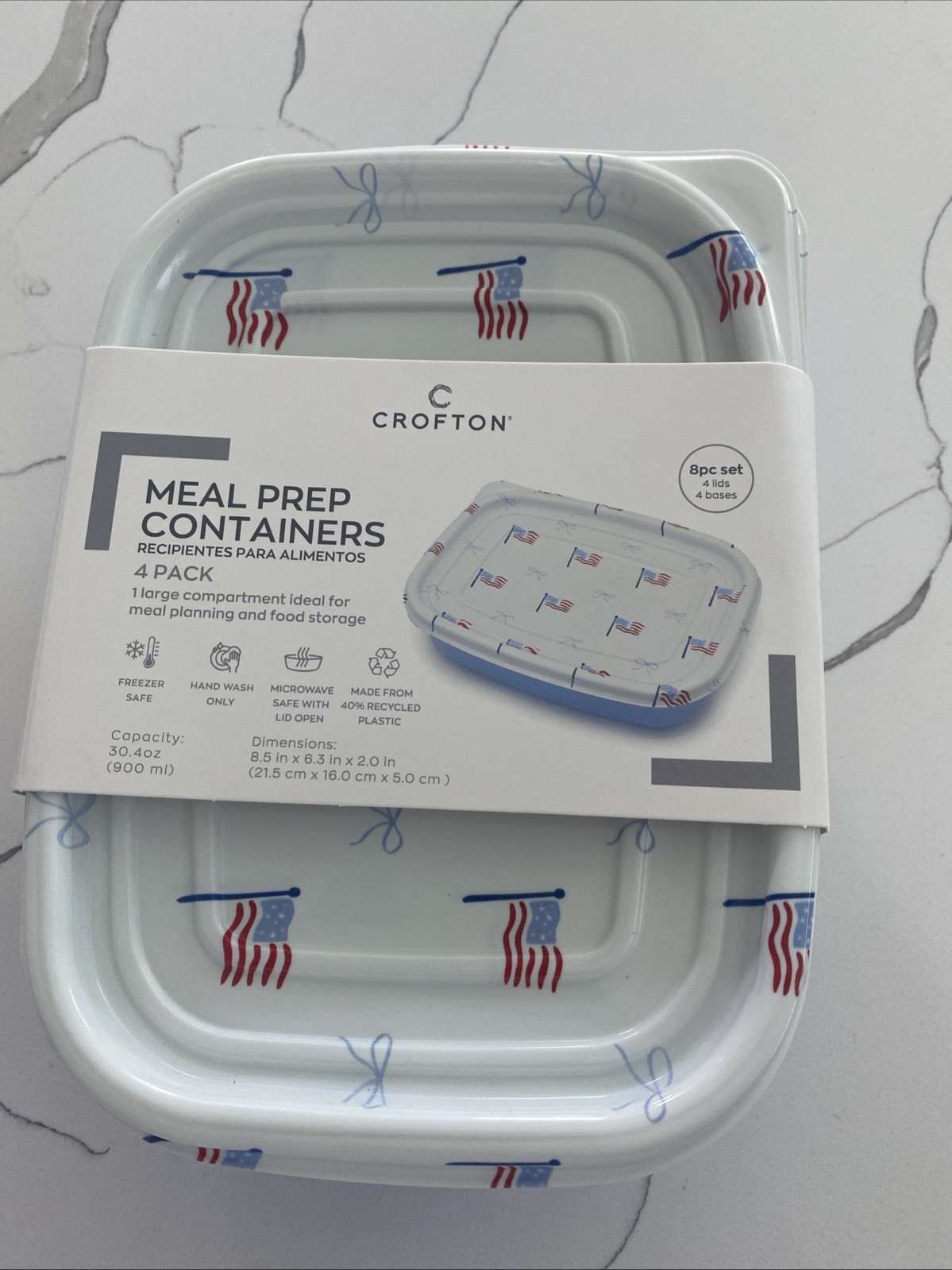 Set Crofton Meal Prep 4 Containers W/ Lids Flags 2 Compartment NWT