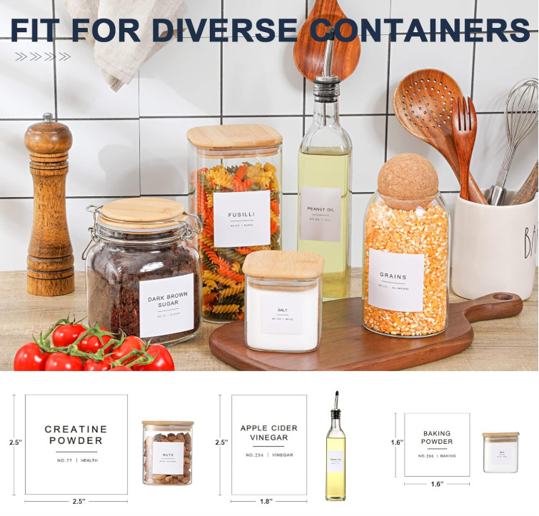 308 Kitchen Pantry Labels for Food Containers, 3 Sizes White Minimalist Labels f