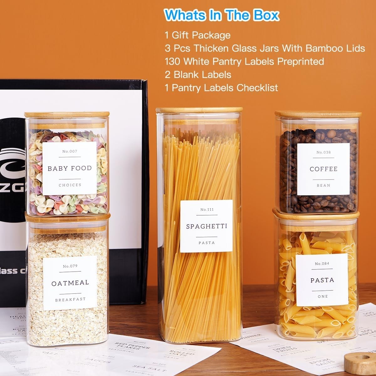 5 Pack Square Glass Pantry Storage Containers with 132 Kitchen Food Pantry La…