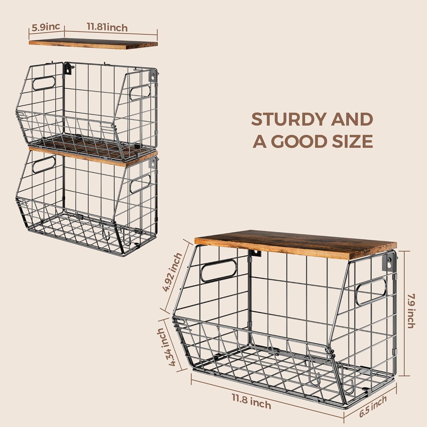 Stackable Metal Fruit Basket with Wooden Lid – Wall and Countertop Organizer