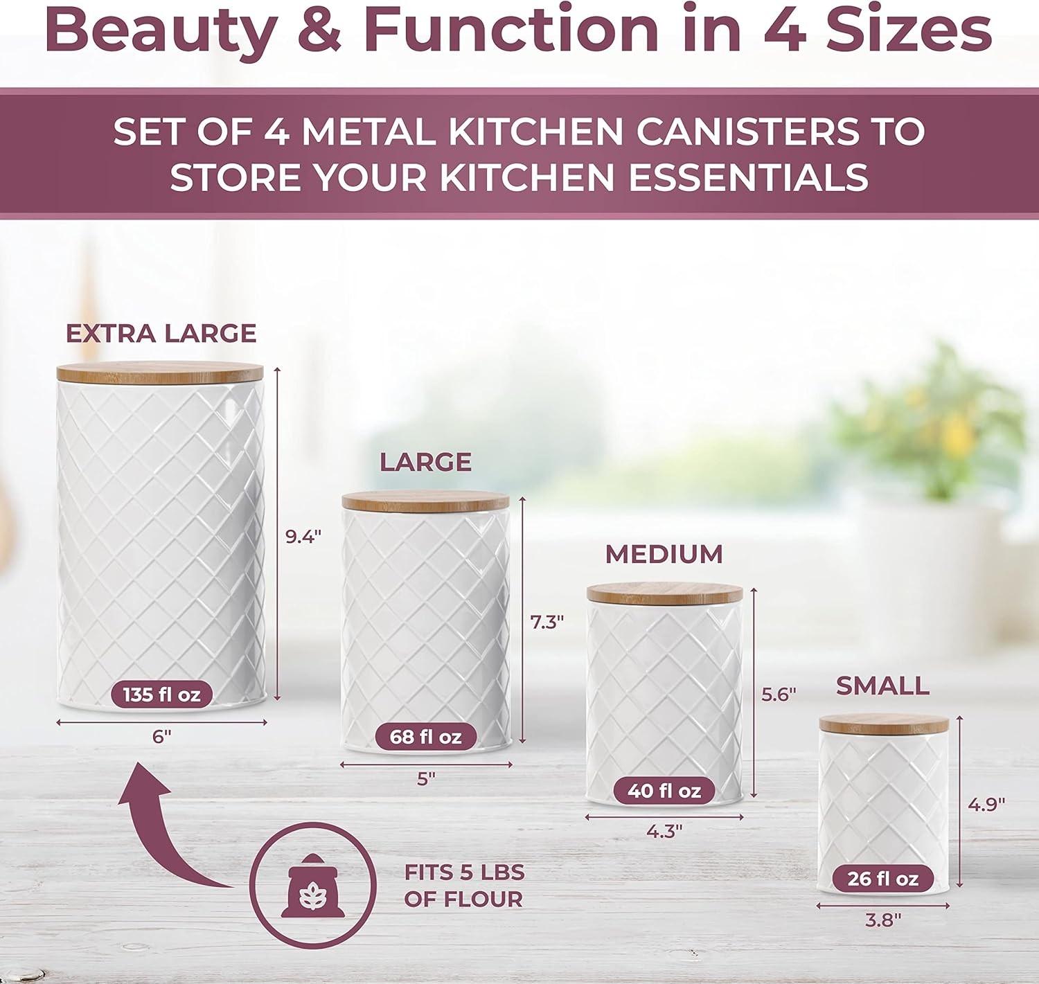 ® White Metal Canister Set for the Kitchen Counter, Food Canister Set of 4,
