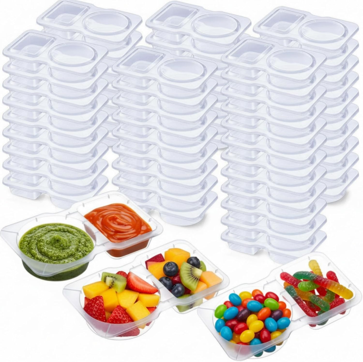 150 Pcs Pack Snack Containers with Lids, 5 Oz Double Compartment Plastic Food Co