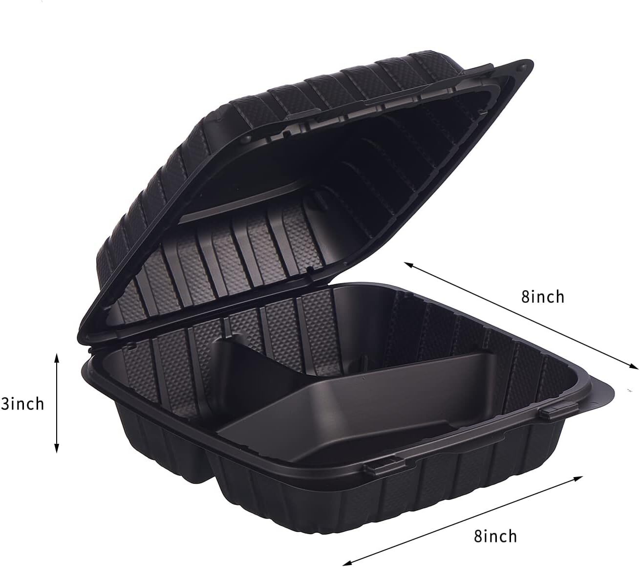 8X8 3-Compartment 50-Pack Plastic Clamshell Takeout Food Trays Heavy black