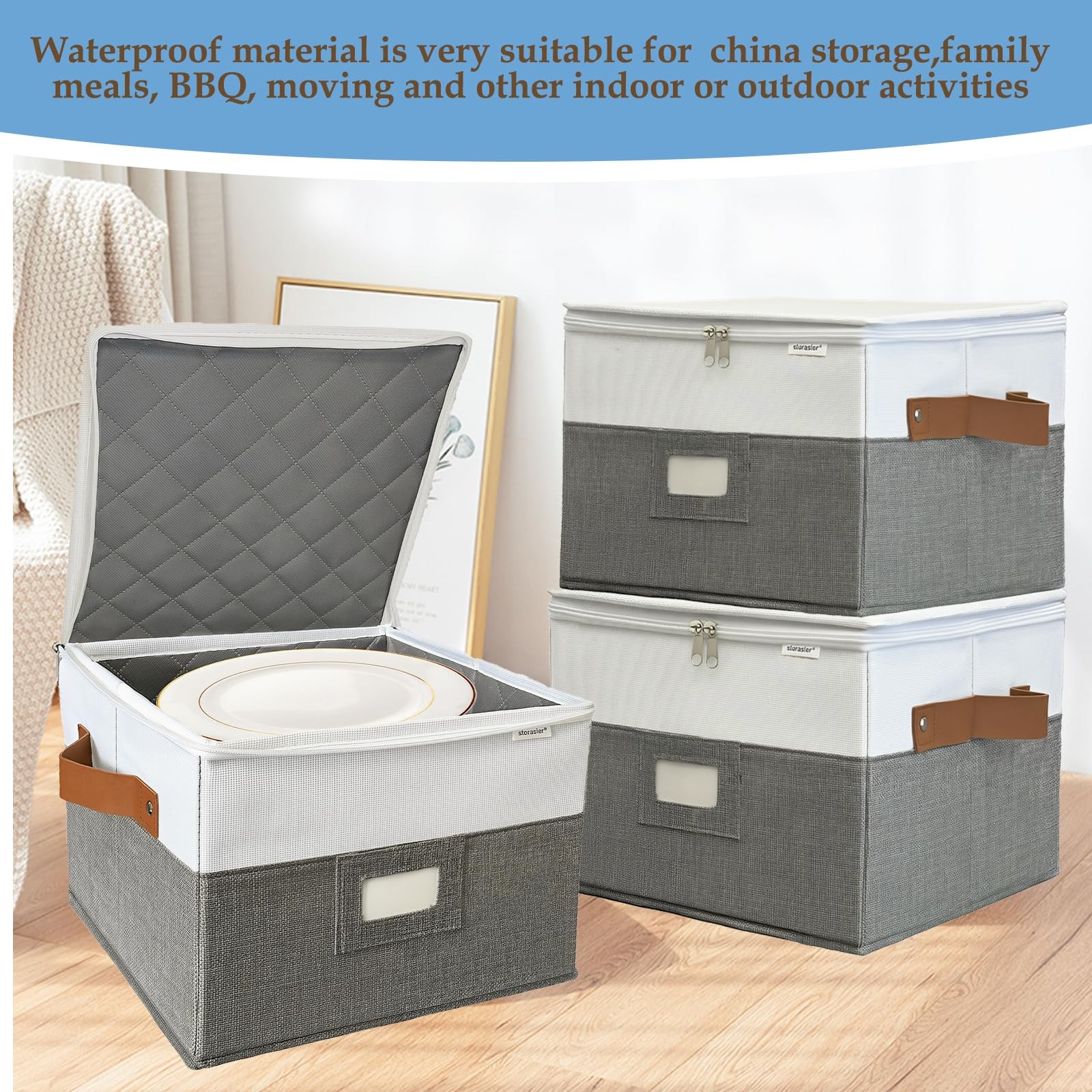 2 PCS 12x12x8 Inch Grey Quilted Dish China Plate Storage Container Stackable Lid
