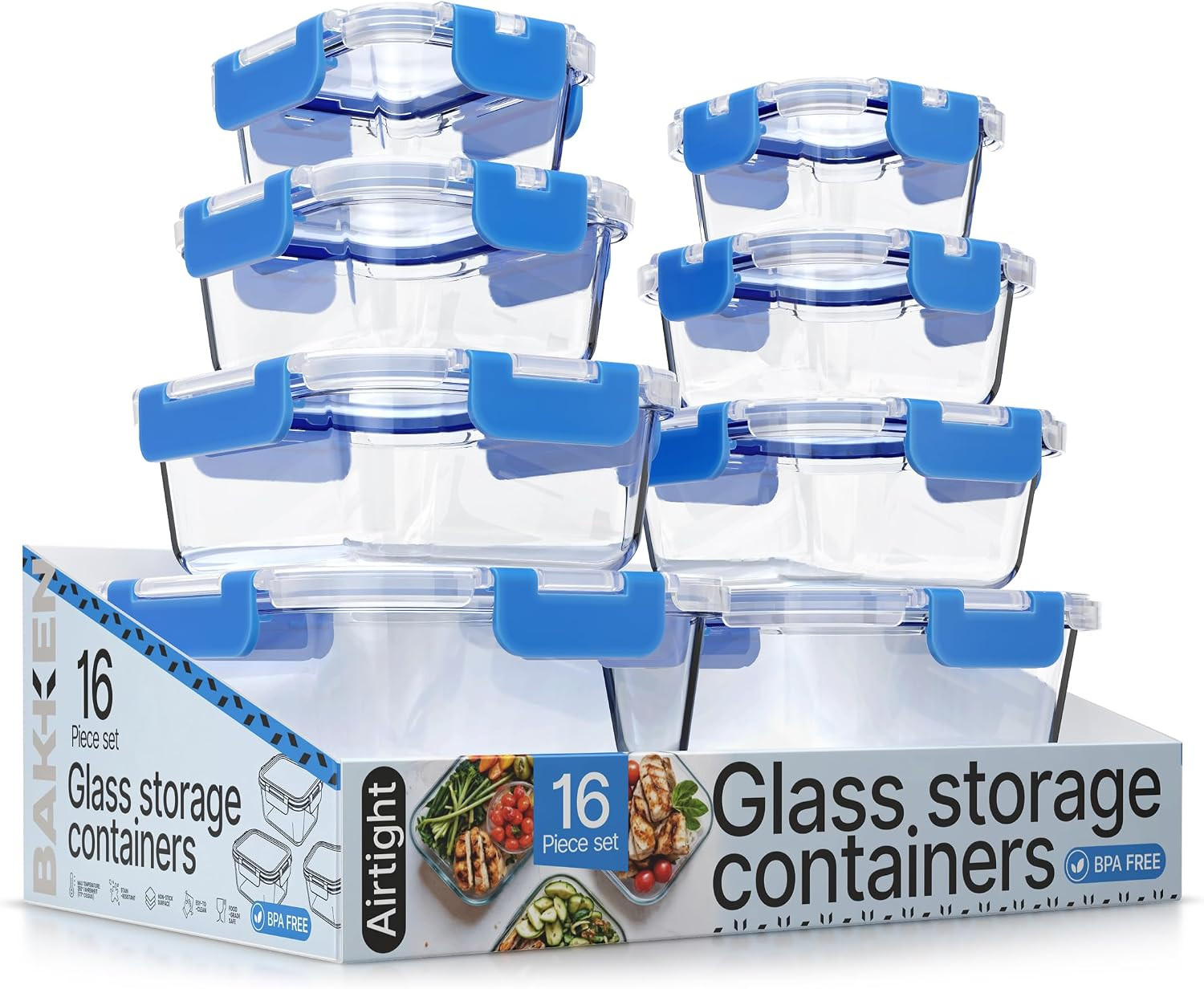 Bakken Borosilicate Glass Food Storage Containers with Lids 16 Pieces, Bpa-Free