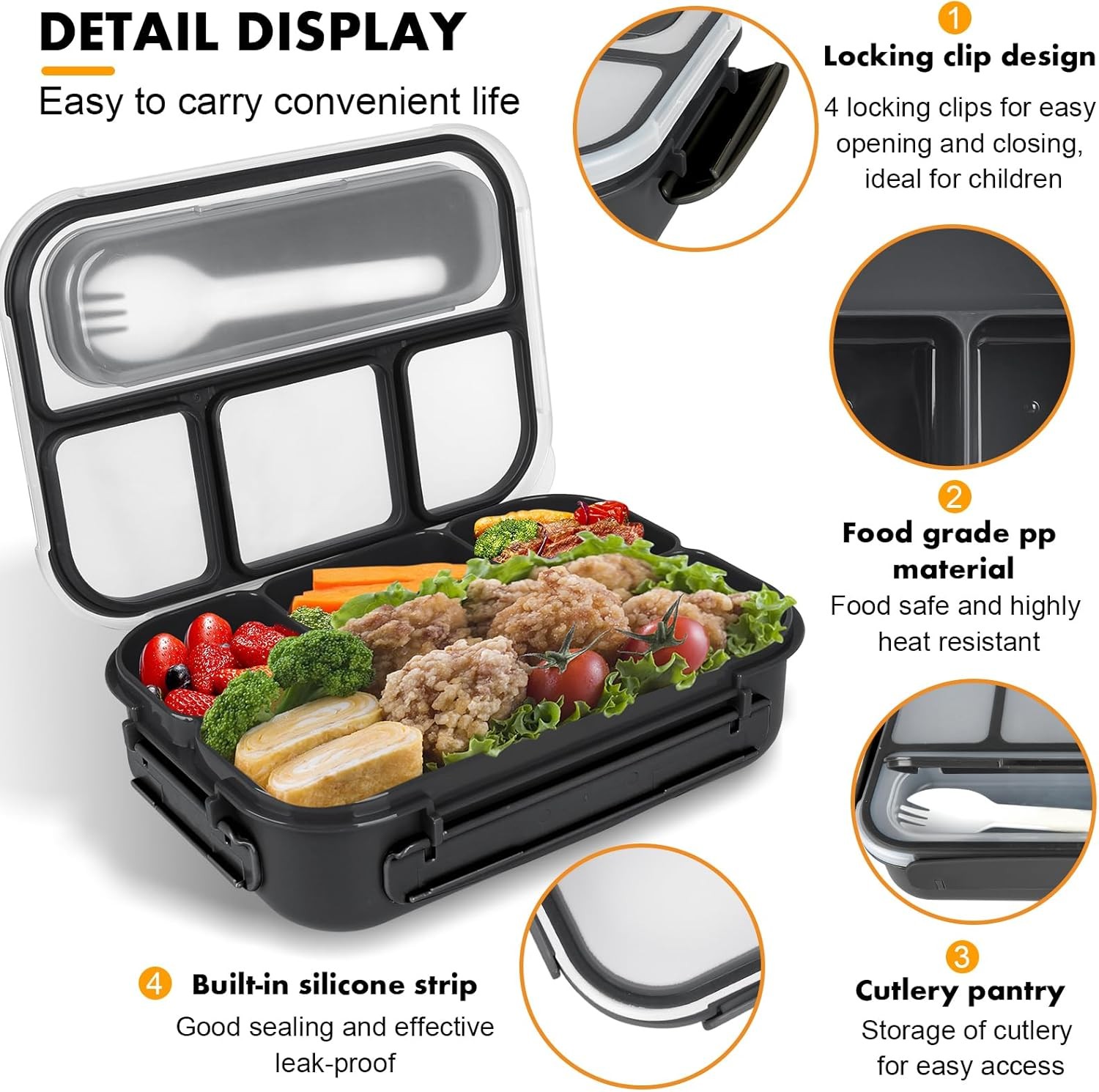 Bento Box Adult Lunch Containers, 5 Cup with 4 Compartments &Spork Black