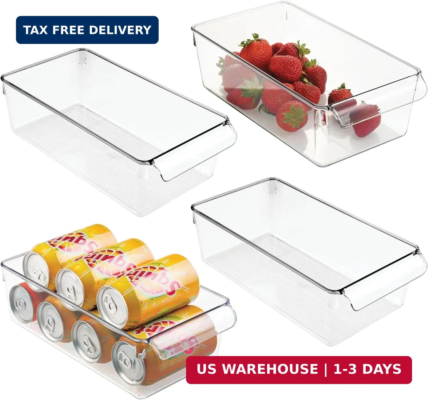 iDesign Fridge Storage Bin with Handle, Set of 4, Clear | Fridge Tray for Meats