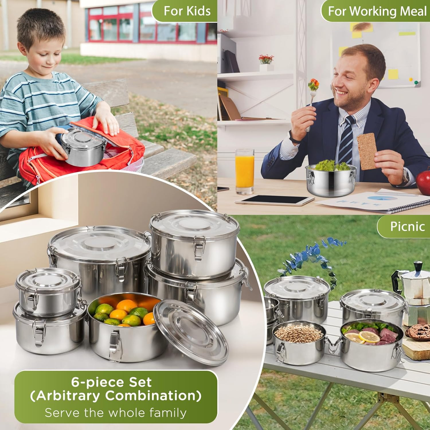 6-Pcs Stainless Steel Food Storage Containers with Lids Leakproof Bento Set