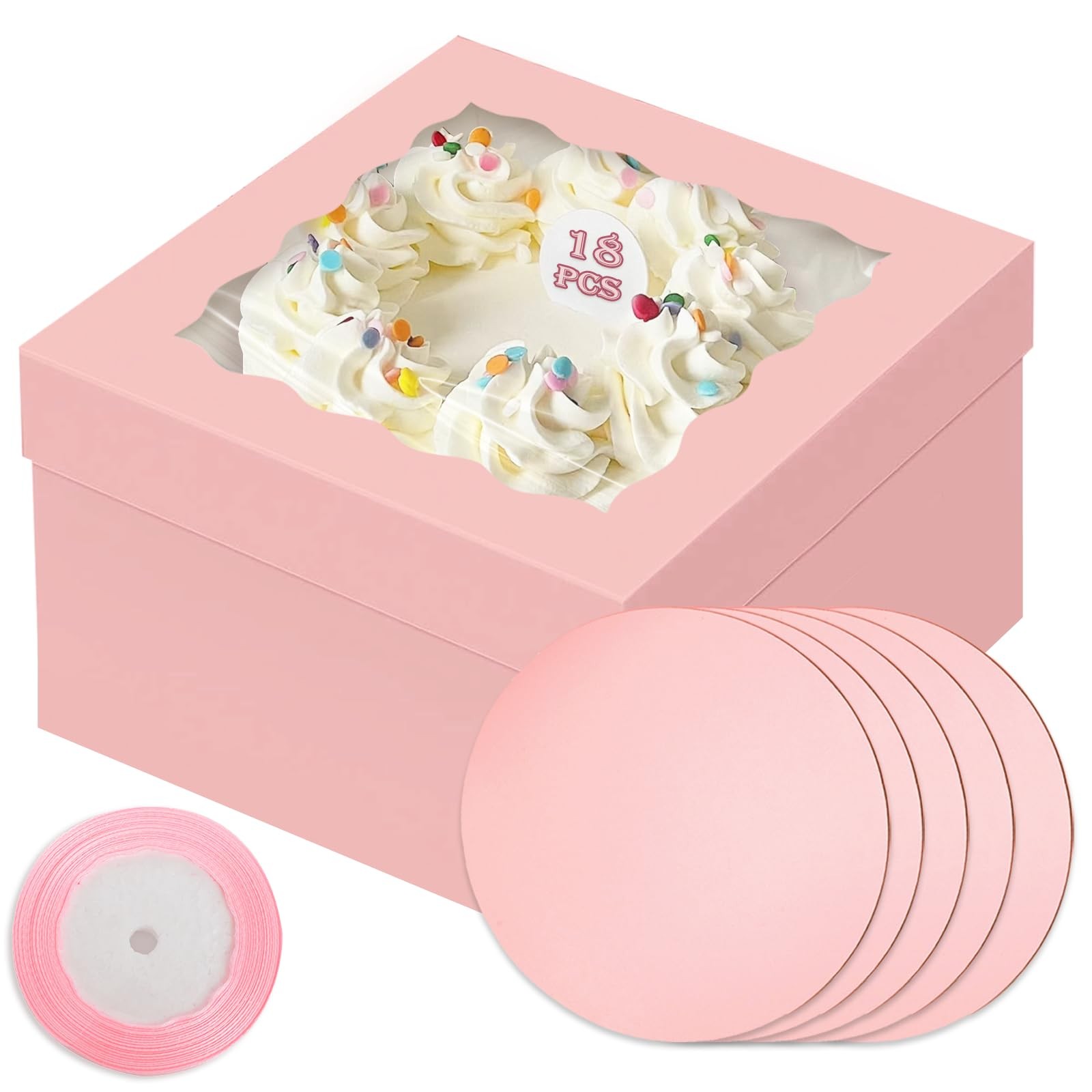 18 Sets Pink 10x10x8 Inch Cake Box with Window 10 Board Pink Ribbon