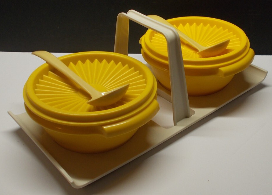 Vintage Tupperware Condiment Caddy 1550 & 2 Yellow 1323 Bowls with 2 Gold 872