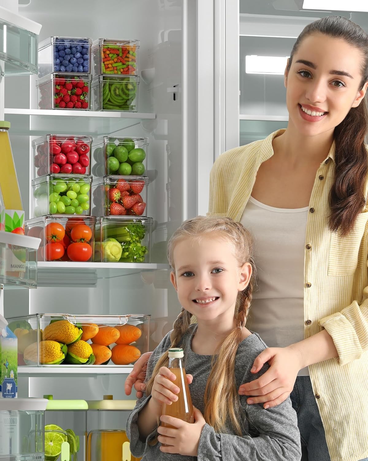 11-Piece Refrigerator Storage Container Set, Clear Plastic Fruit Storage Boxes